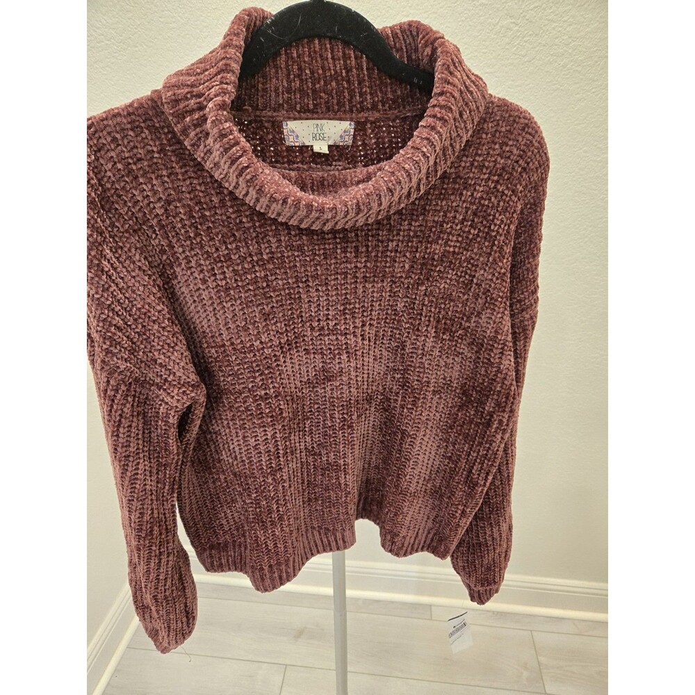 Pink Rose L Dusty Rose Chenille Y2K Cowl Neck Sweater Ribbed Knit Womens